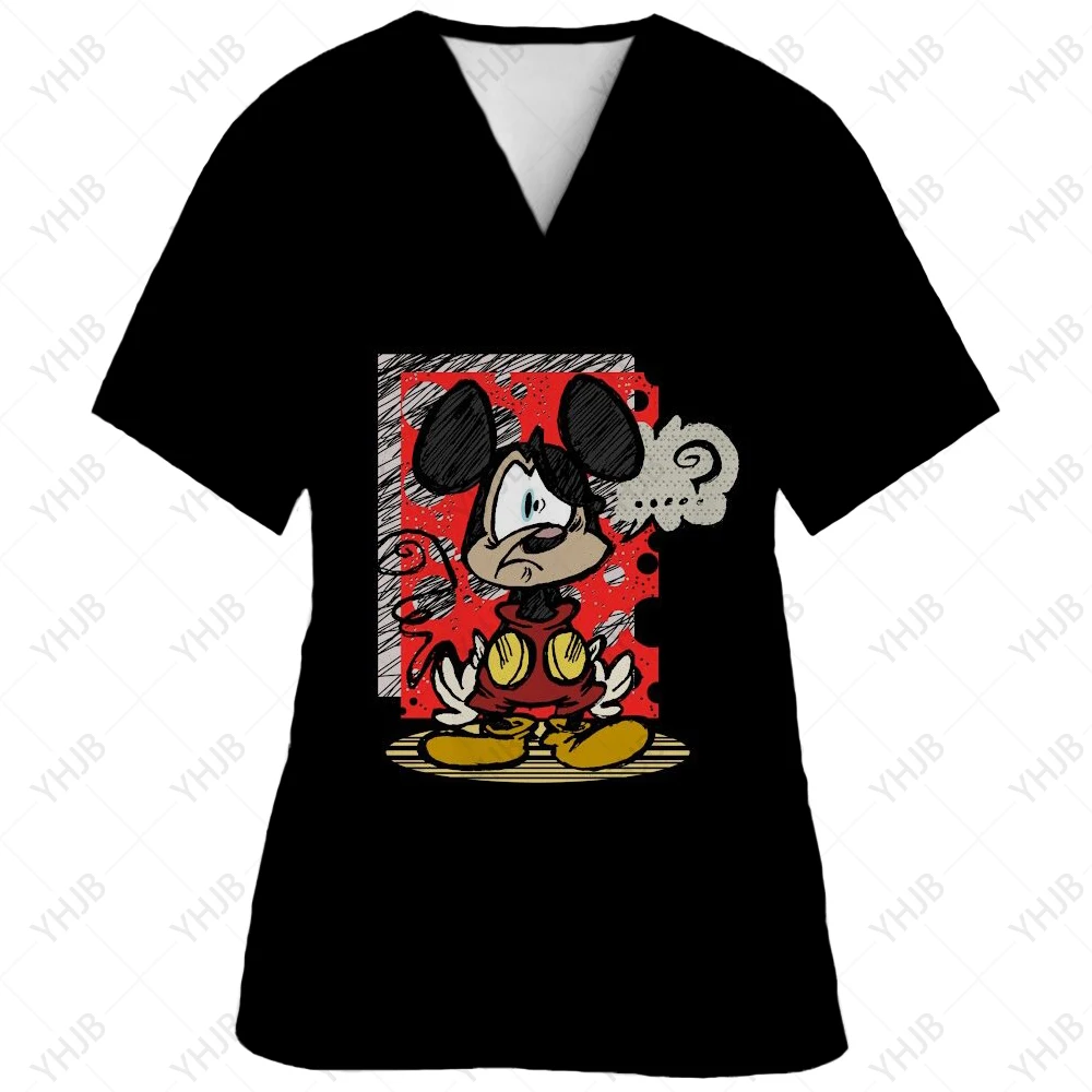 Disney-Women\'s Minnie Mickey Print Nursing Scrubs T-Shirt, Casual Tops, Short Sleeve, V-neck Pocket, Women Uniform