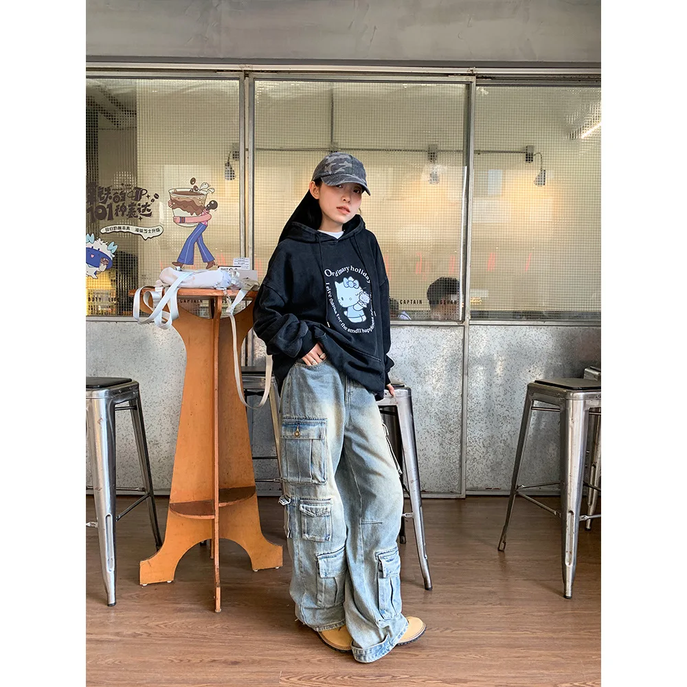 Spodnie Cargo Jeansy Damskie Vintage Długie Do Podłogi Wiele Kieszeni Niska Talia Sprane Postarzane Streetwear Luźne Spodnie Denimowe 2025