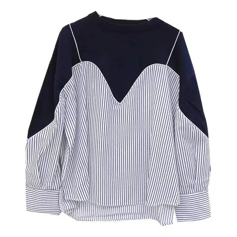 Kadın Kore Gevşek Iki Parçalı Set Çizgili Tişörtü İlkbahar Sonbahar Yeni İşe Gidip Moda Uzun Kollu Patchwork Kadın için Tops