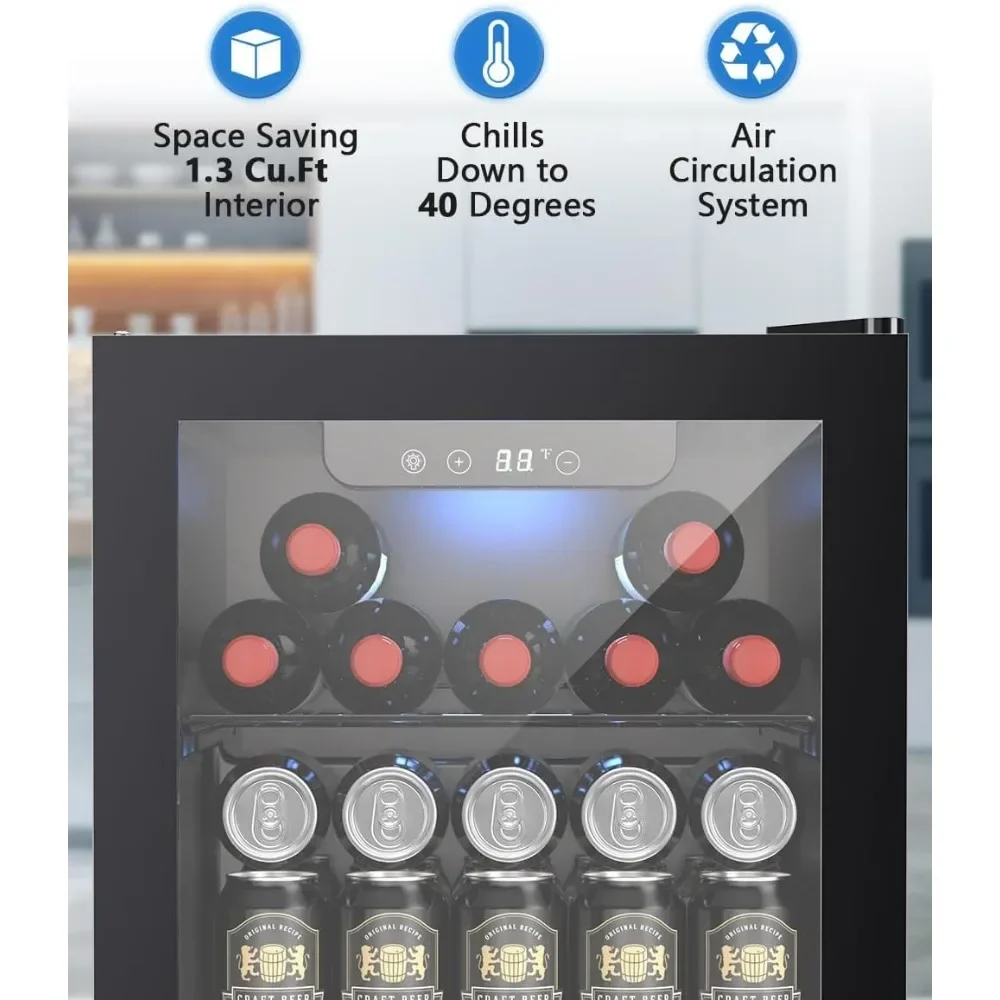 Beverage Refrigerator Cooler 12 Bottle 48 Can - Mini Fridge with Glass Door for Beer Drinks Wines, with Adjustable Shelving