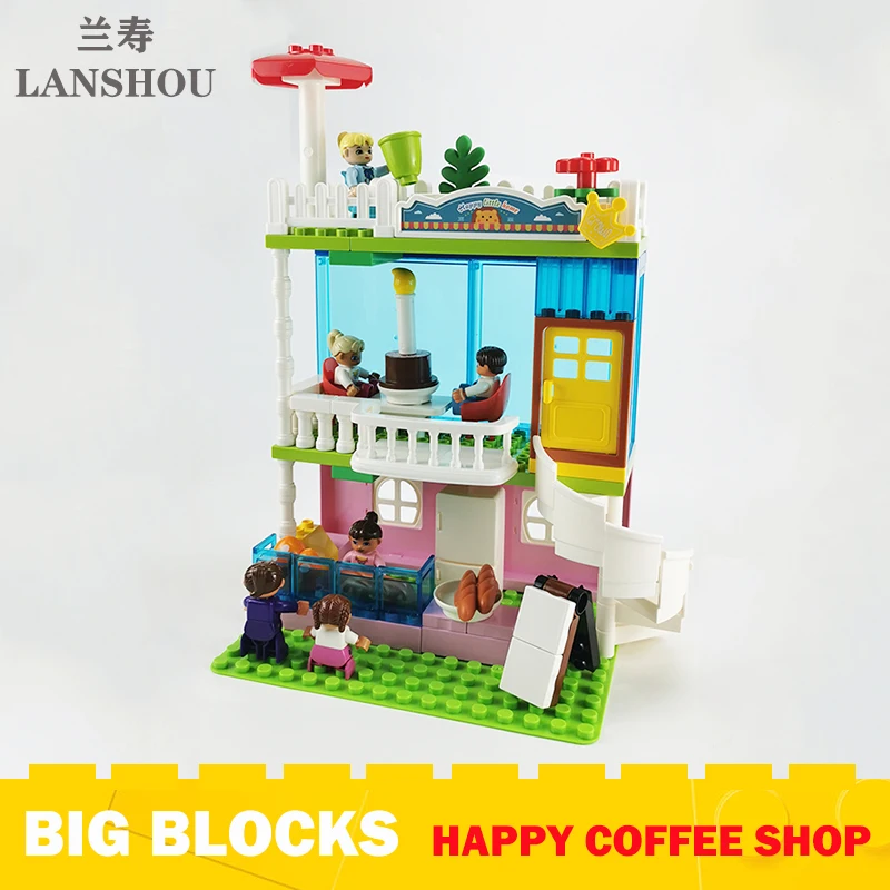 Big Size Building Blocks Moc Happy Coffee Shop Small Western-style Architecture Accessories Bricks Kids Girls Assemble Toys