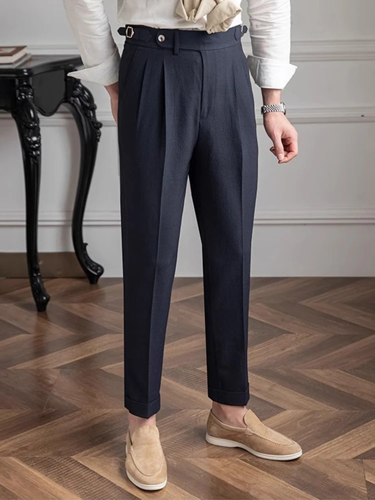 2023 herbst Neue Casual Herren Gürtel Hosen Vintage Plissee Gerade Anzug Hosen Männer Modische Slim Fit Einfarbig Hosen