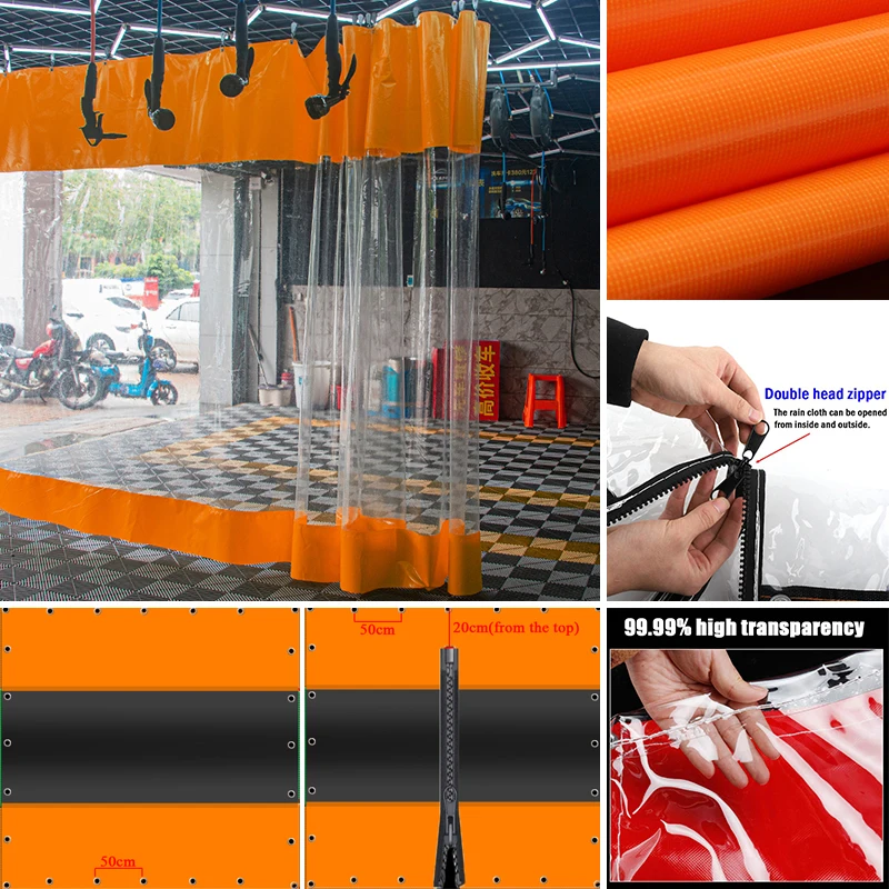 

Customize Carwash Room Waterproof Curtain Yard Pergola See Though Tarpaulin with Zipper Outdoor Heavy duty Tarp Curtain