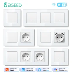 BSEED Wifi 1/2/3Gang Wall Smart Switches Mechanical Click Buttons Tuya Smart Life App With EU Power Sockets USB Glass Frames