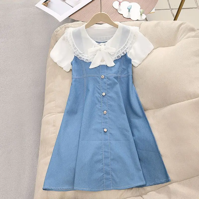 

Детское джинсовое платье для девочек A50 с вышивкой, бисером и кружевными рукавами, летнее, повседневное