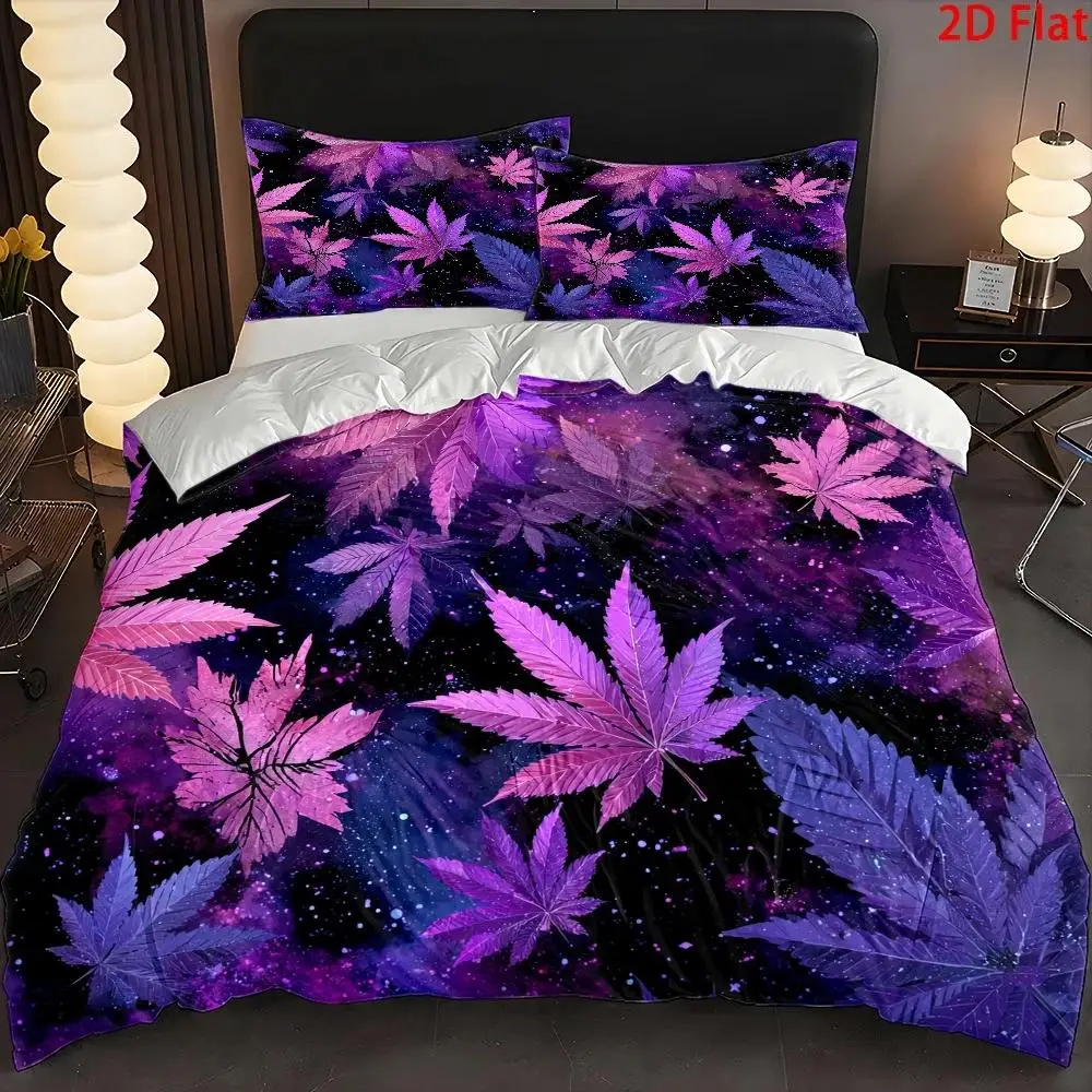 3Pcs Duvet Cover Set, 1 Duvet Cover + 2 Pillowcases, No Filler, 2D Flat Printing, Purple Maple Leaf Theme, Abstract Art Style,
