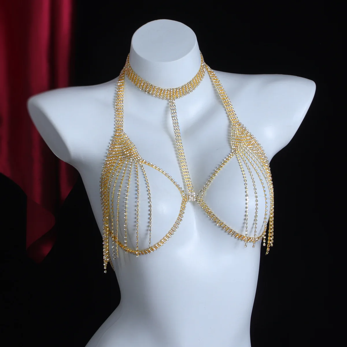 Sparkling Golden Crystal Mesh Harness Top Layered Fringe Halter Body Chain Glamorous Nightclub Party Beach Costume Jewelry