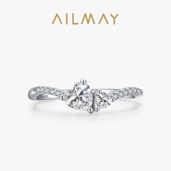 Ailmay Genuine 925 Sterling Silver Line Fashion Love Heart Clear CZ Finger Ring For Women Wedding Engagement Fine Jewelry