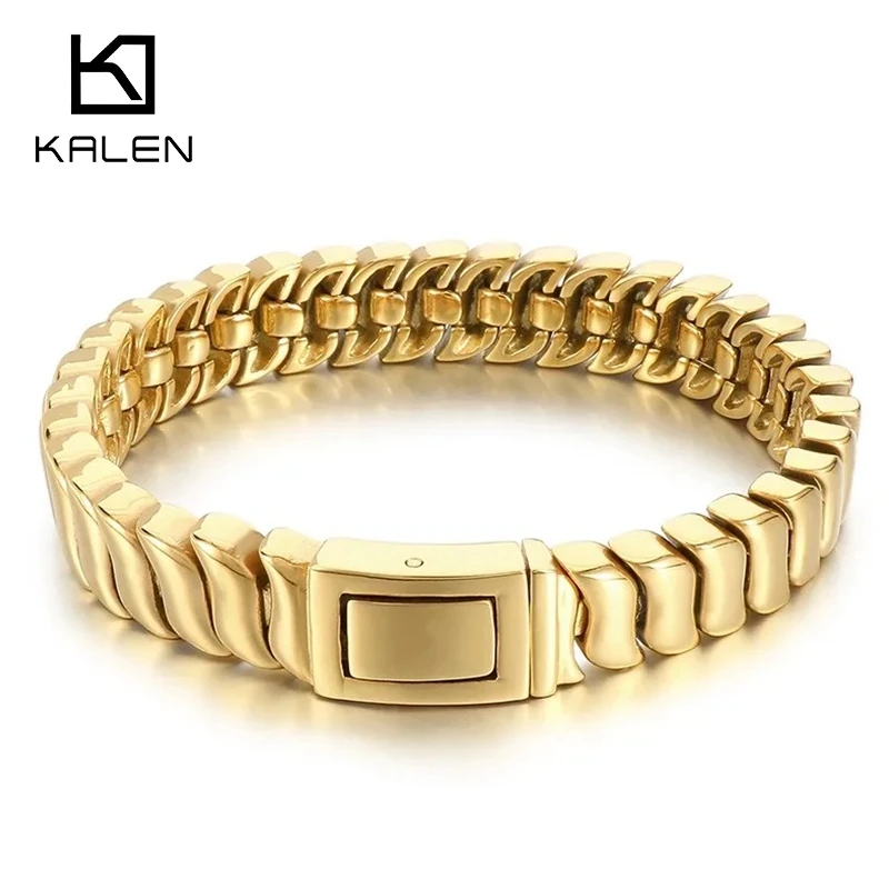 KALEN Stainless Steel Bracelet For Men Hip Hop Rock Jewelry 18K Gold Plated Miami Cuban Link Chain Bracelet Best Friend