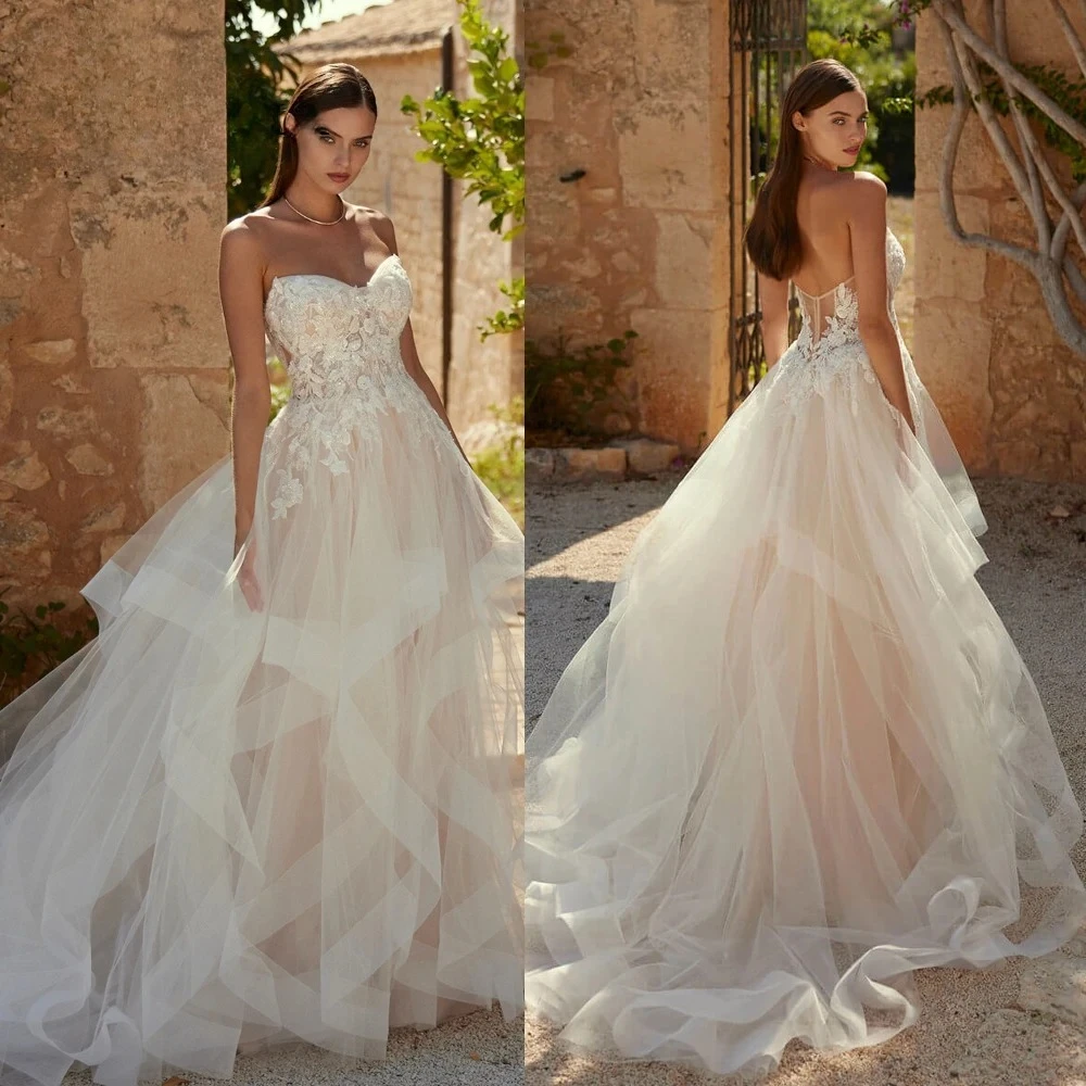 Ruffles Wedding Dress for Bride Sleeveless Appliques Zipper A-line Tulle Floor Length Vestidos  Customised
