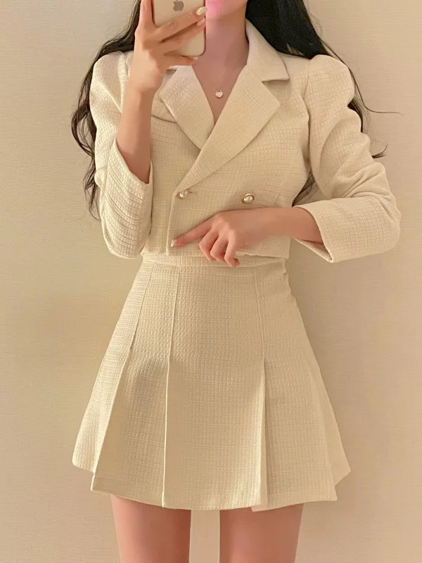 

Ele Small Fraance Sle Set Women's ort Coat with Pleated Skirt Two-Piece Suit High Waist ort Length Spring Faion