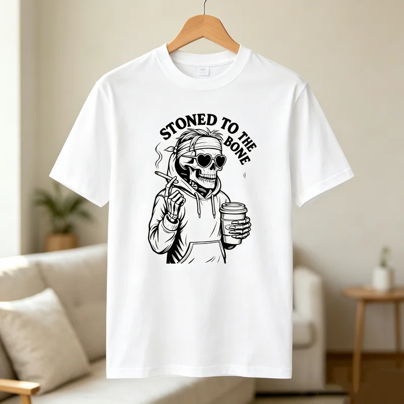 Unisex Skull Print T-Shirt STONED TO THE BONE Letter Cotton Short Sleeve Tee Men Women Casual Streetwear Y2k Top Harajuku