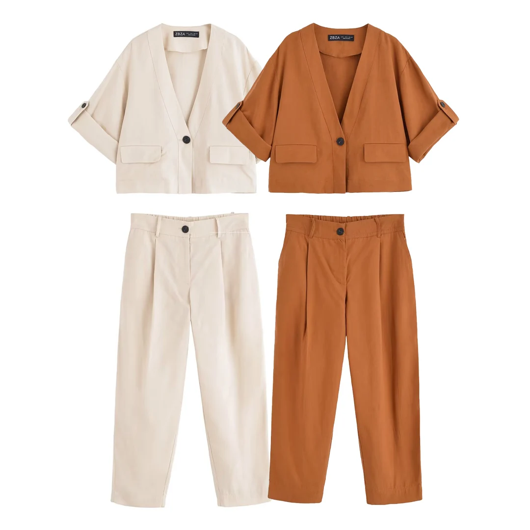 

Topenomi Simple Solid Matching Sets Women V Neck One Button Short Sleeve Jacket Crop Top Casual Pants 2025 Summer Fashion Suits