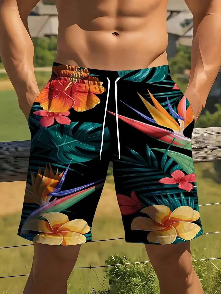 

Mens Tropical Floral Swim Shorts With Hawaiian Print Beach Board Shorts For Summer Vacation
