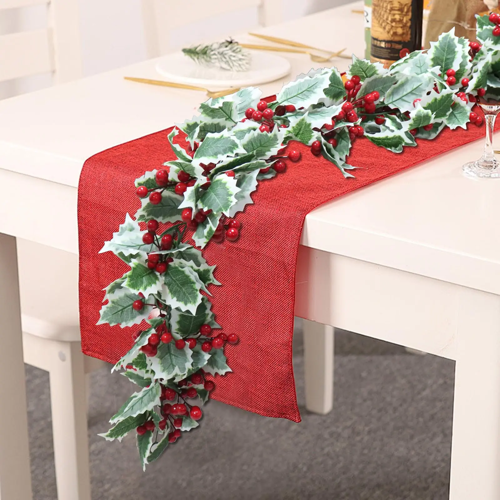 Weihnachtsdekoration, Girlande, 39 Zoll, künstliche Weihnachtsstern, Blumen, rote Beere, Stechpalme, Girlande, Ranken für Weihnachtsbaum, Neujahr, Party-Dekoration – Detail 5