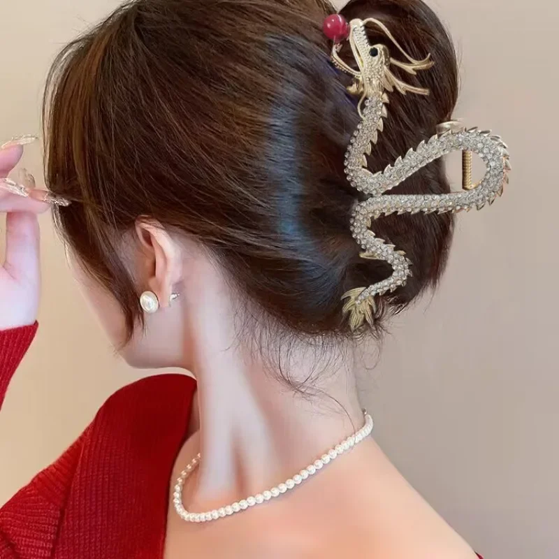 2024 New Chinese Dragon Year Hair Clips Hair Accessories for Women Girl Red Bead Metal Rhinestone Hair Pin Fashion Jewelry Tiara