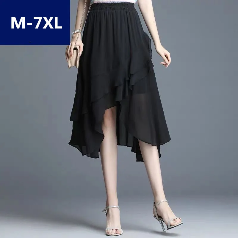 تنورة كورية عالية الخصر مثيرة غير متناظرة موضة الحفلات المسائية الكشكشة تنانير شيفون بالإضافة إلى حجم التنانير المكتبية أسود أحمر أبيض #4