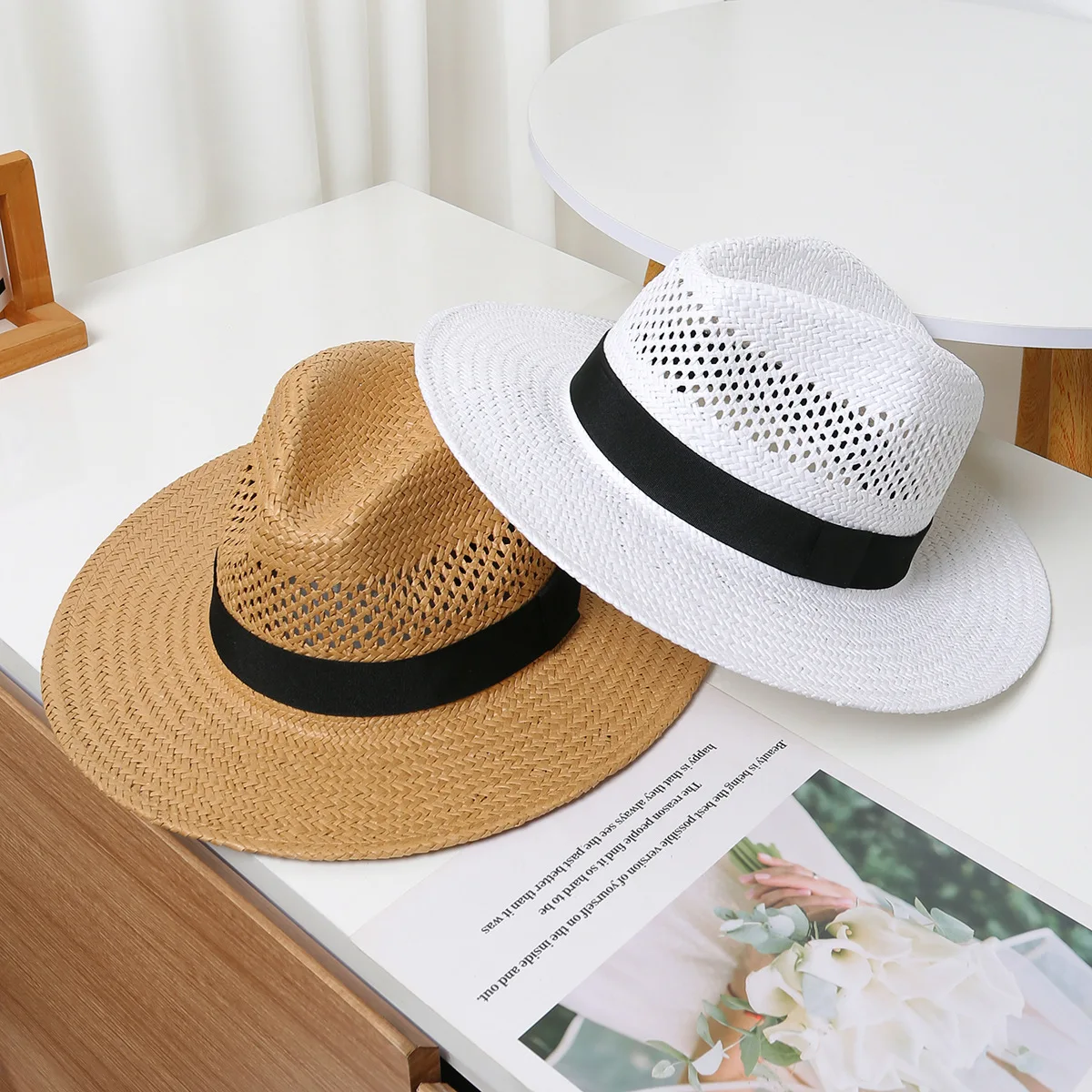 

2025 Spring and Summer White Men's Hat Sun Protection Beach Hat Women's Summer Jazz Hat Trendy Panama Hat