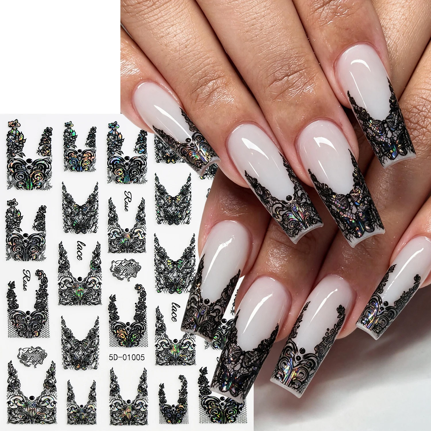 1PC 5D Black Lace Butterfly Nail Sticker Hollow Laser Holographic Nail Decal Exquisite French Gothic Style Long Tapered Manicure