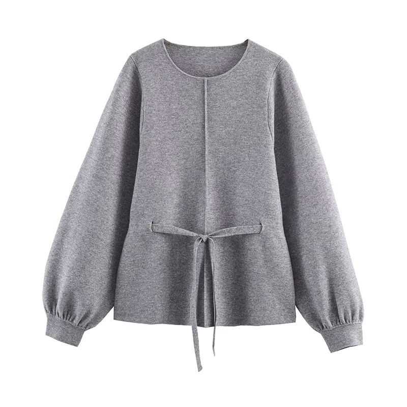 

YENKYE New 2026 Women Gray Drawstring Knit Sweater Long Sleeve O Neck Casual Pullover Spring Autumn Tops