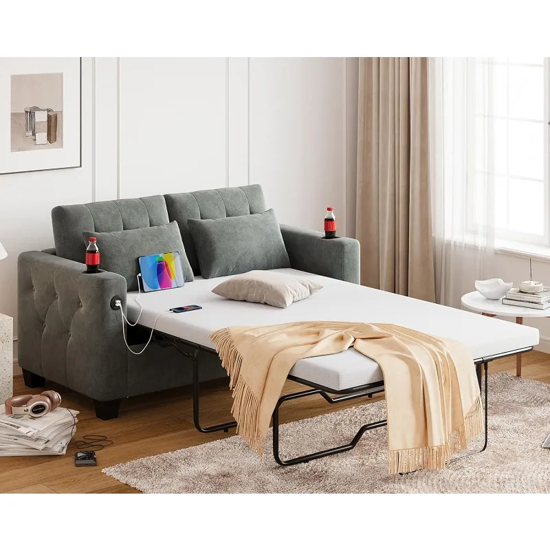 Pull Out Sofa Bed, 2-in-1 Convertible Sleeper Couch with Memory Foam Mattress and Solid Wood Bed Frame