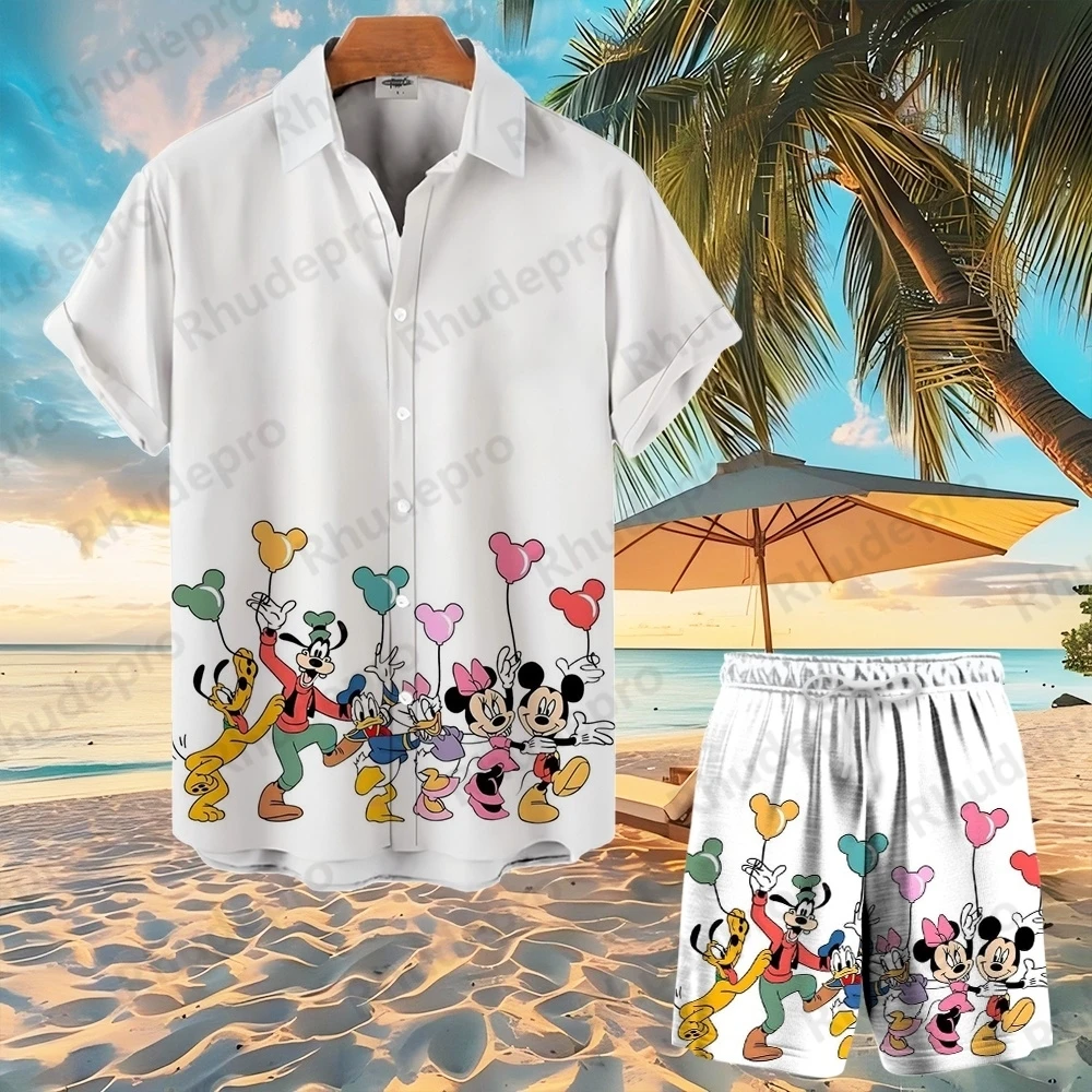2025 ディズニーミッキーマウス 3d プリントアロハシャツスーツ男性と女性のファッションボタン半袖ショートスーツビーチ