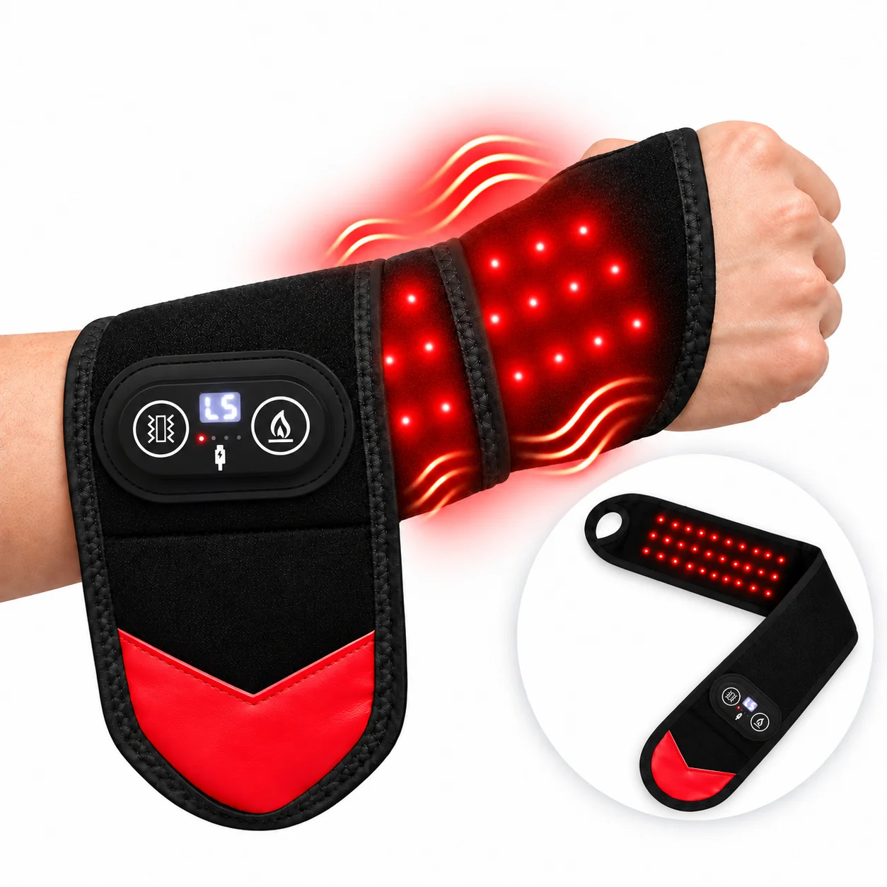 Red Light Wrist Massager Digital Display 5 Heat Levels 5 Massage Modes Adjustable Heated Wrist Wrap for Work Home Daily Comfort