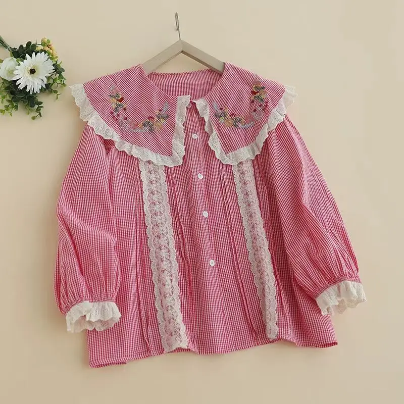 Spring New Japanese Mori Girl Vintage Plaid Embroidery Shirt Women Cute Peter Pan Collar Long Sleeve Casual Loose Tops