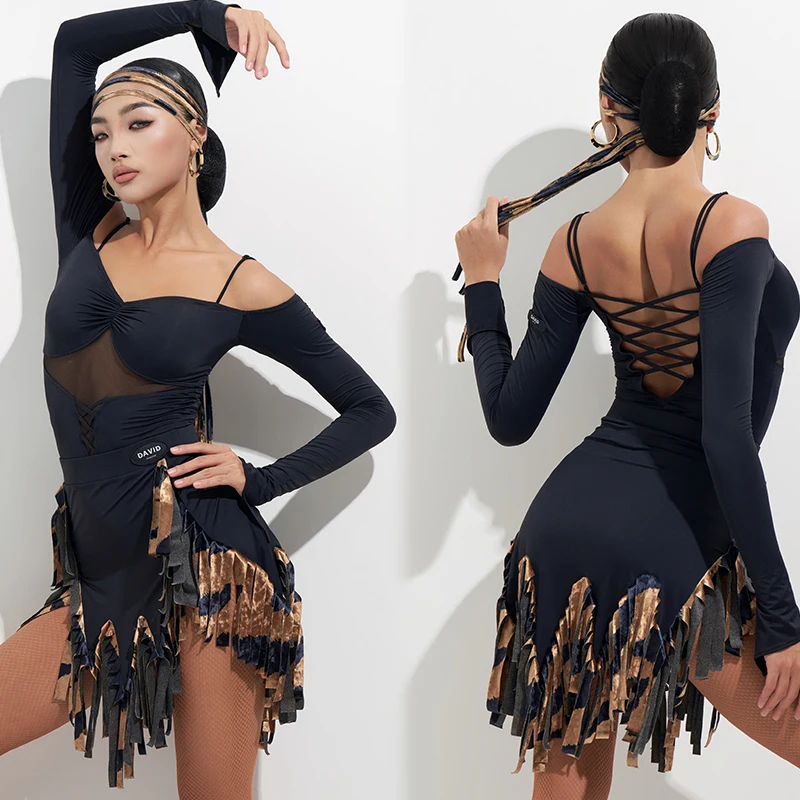 

Высококачественные костюмы для латинских танцев 2022, топы с открытыми плечами для взрослых, юбки с разрезом, костюм, женская одежда для латинских соревнований