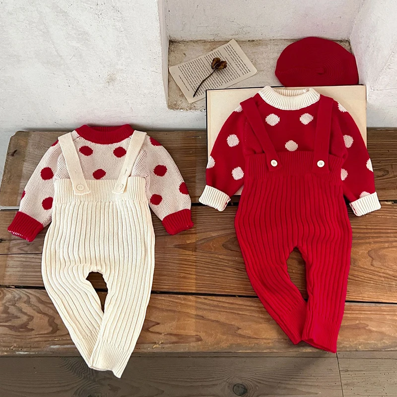 

2025 New Autumn 0-3Yrs Infant Baby Girls Boys Clothing Sets Long Sleeved Knitted Pullover Sweater+Overalls Children Clothes