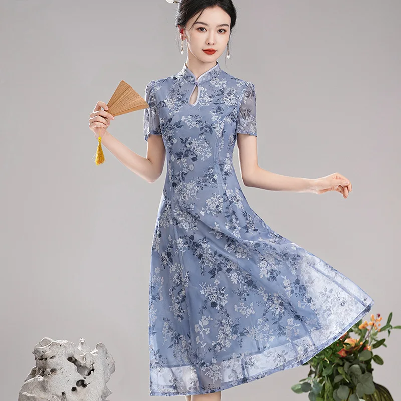 Xiuguantang Zilan 2024 Summer New Flocked Printed Drip Hole Style Improve Daily Cheongsam Dress