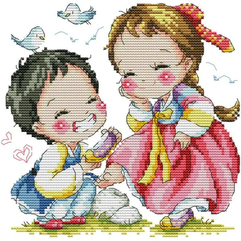 Cartoon Characters Couple Series Cross Stitch 14ct 16ct 11ct White Cloth Printed Fabric Needlework DIY Kids Hand Embroidery Kits