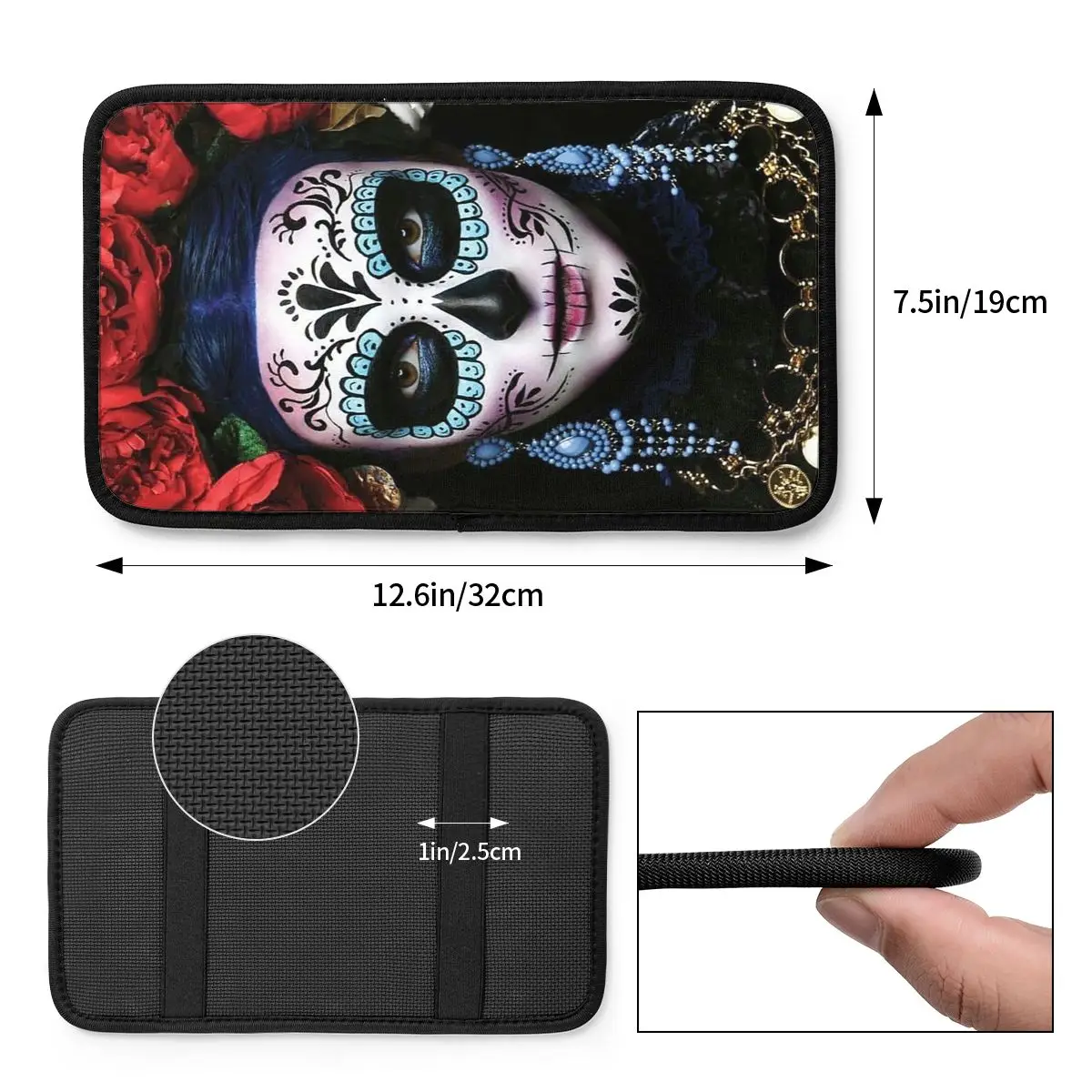 32x19cm Car Armrest Cover Mat Leather Sugar Skull Center Console Cover Pad Halloween Horror Car Interior Cushion Waterproof