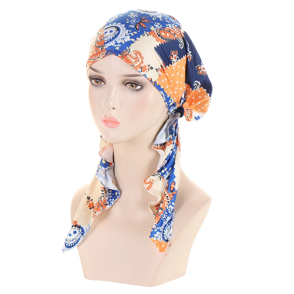 

Pre-Tied Women Print Muslim Inner Hijab Turban Hat Bandanas Cancer Stretchy Chemo Cap Beanies Headwear Wrap Turbante Mujer Cover