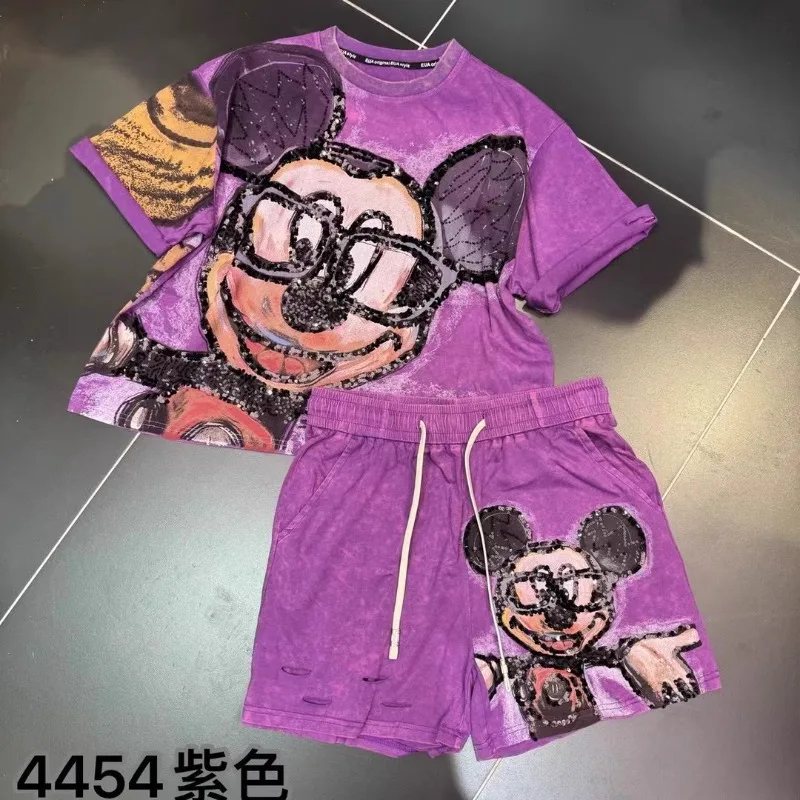 Heavy Industry Commute Style Cartoon Short-sleeved T-shirt Outfits Women's Loose Casual O-neck Top Tees Kawaii Short Pants Set