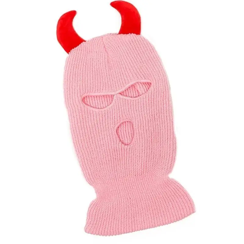

39BD Handcrochet Balaclava Hat Adult Novelty Devil Horn Hat Women Hooded HatUnisex Outdoor Sport Headgear