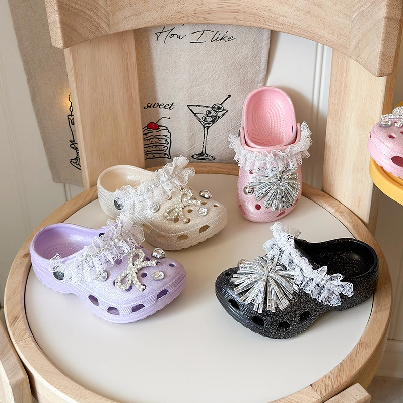 

Summer Sweet Kids Beach Slippers for Girls Outdoor Lace Children's Causal Shoes Breathable Toddler Non Slip Bathroom Slippers