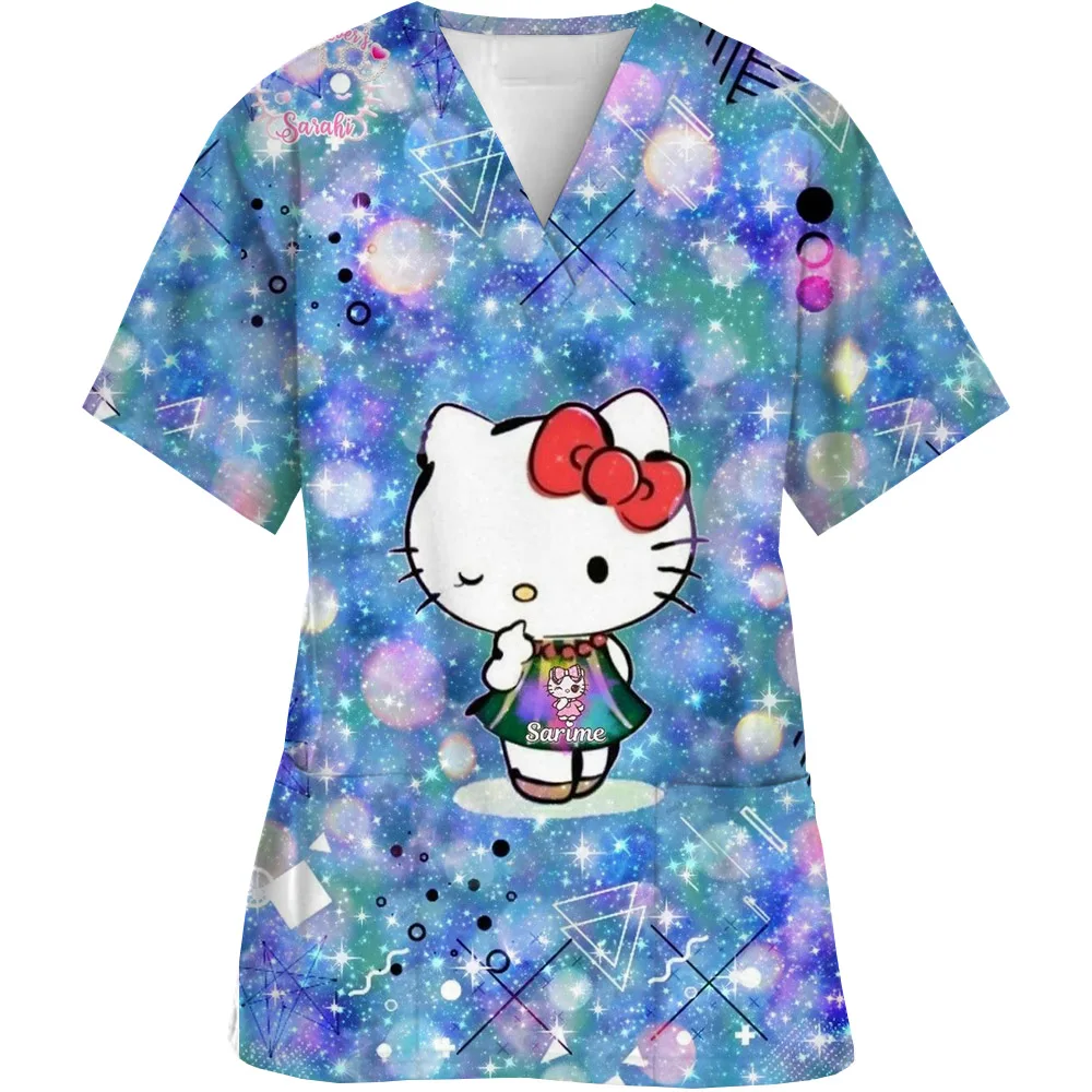 Women Working Uniform cartoon Print cute Hello Kitty Short Sleeve V-neck Tops Femme Blouse Nurse work wear Medical Uniforms