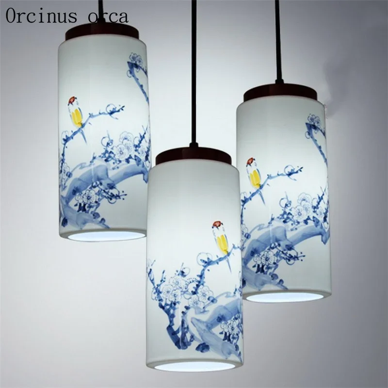 New classical hand-painted ceramic chandelier restaurant balcony Chinese solid wood blue and white porcelain LED Chandelier