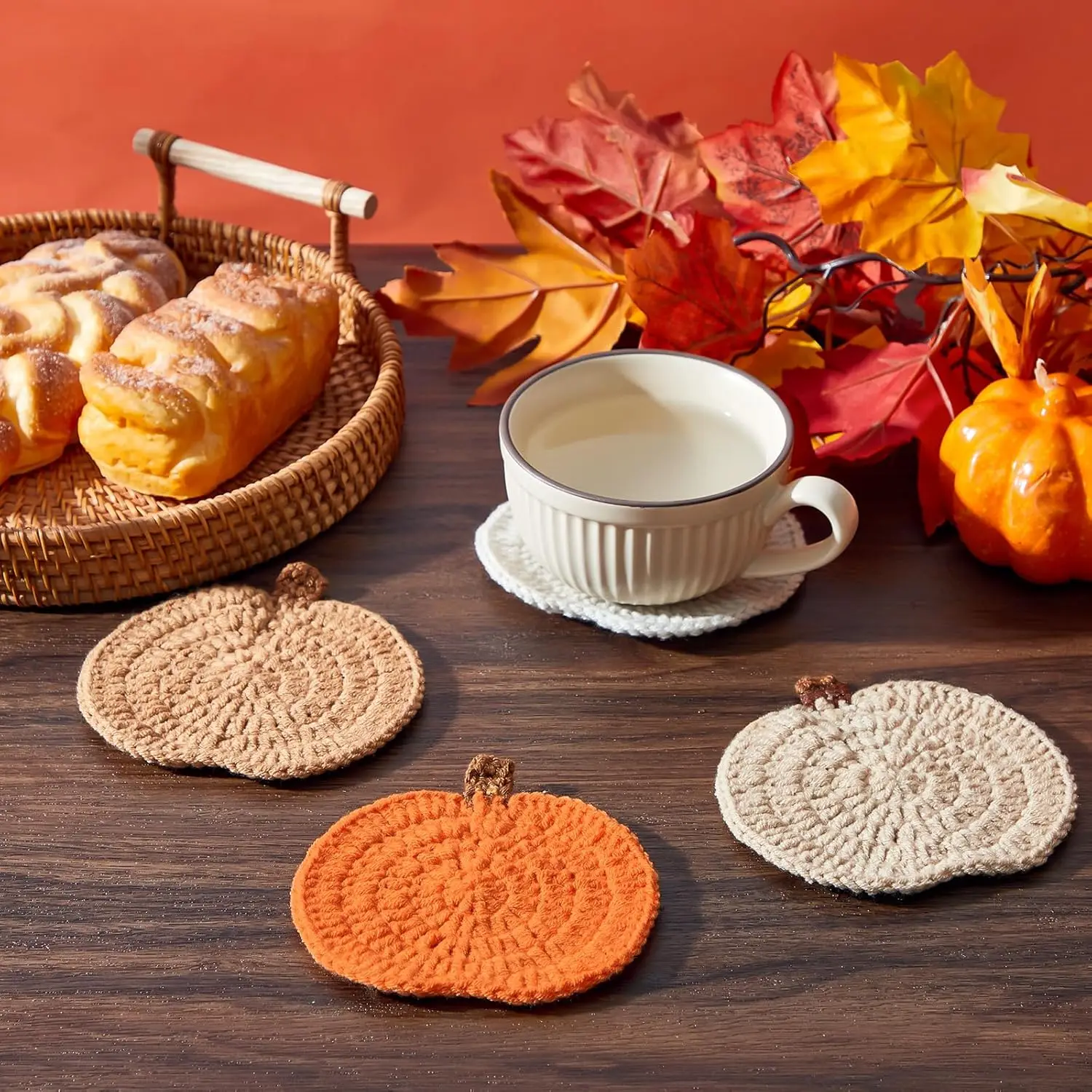 4 Pcs Crochet Thanksgiving Pumpkin Coasters, Knitted Handmade Woven Mat, Autumn Harvest Table Party Decor Gift Set view 4