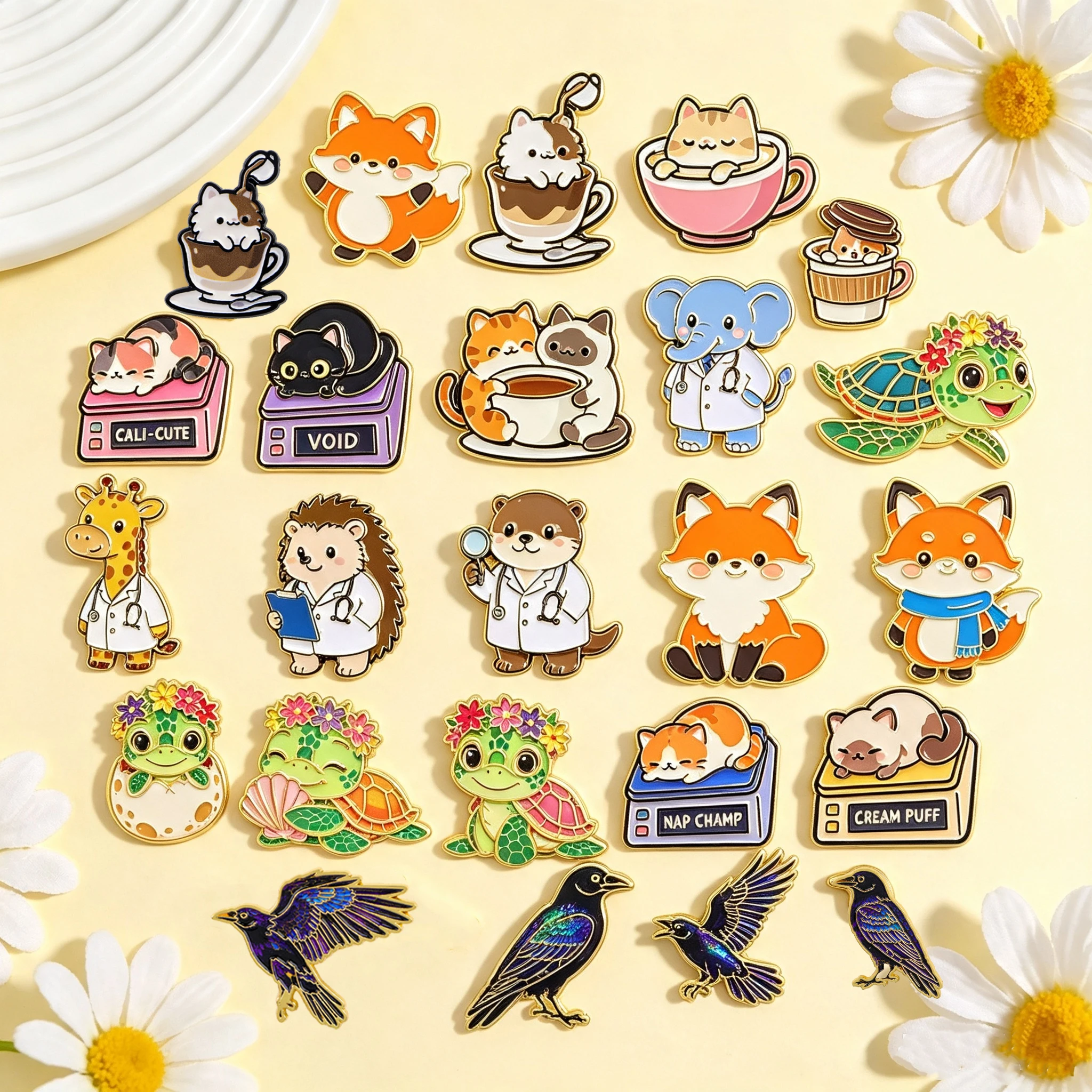 Cute Cartoon Coffee Cat Enamel Pins Fox Turtle Doctor Animal Crow Lapel Brooches Badges for Backpacks Clothing Decoration Gifts