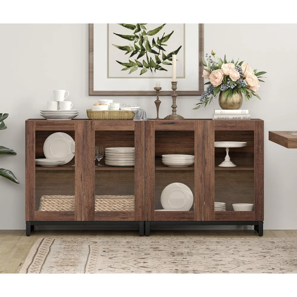 خزائن بوفيه جانبية متعددة الوظائف 2 في 1 مع 4 أبواب زجاجية، وخزانة جانبية حديثة مع رف قابل للتعديل، وبار القهوة S #3