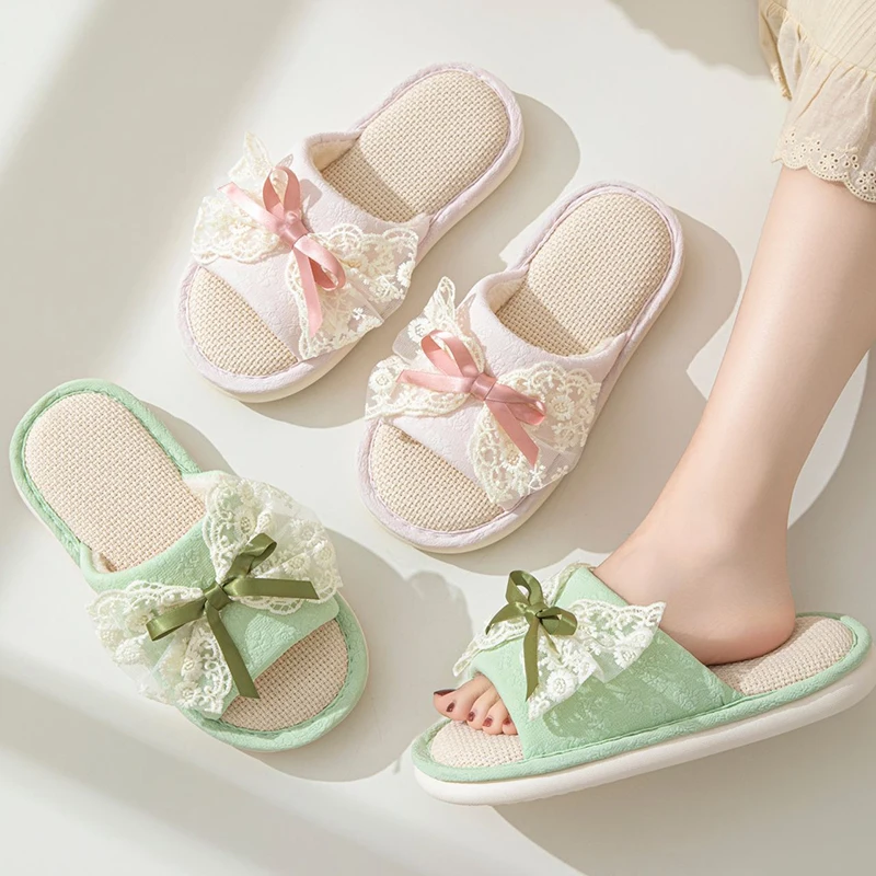 Sweet Lace Bowknot Home for Slippers Women Soft Sole Lightweight Flat Indoor Slides Woman Mute Anti Slip Linen Bedroom Slippers