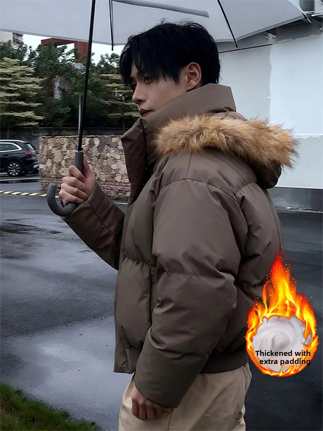 

Зимняя утепленная мужская куртка с большим меховым воротником, свободного кроя, из искусственной кожи, теплая, повседневная