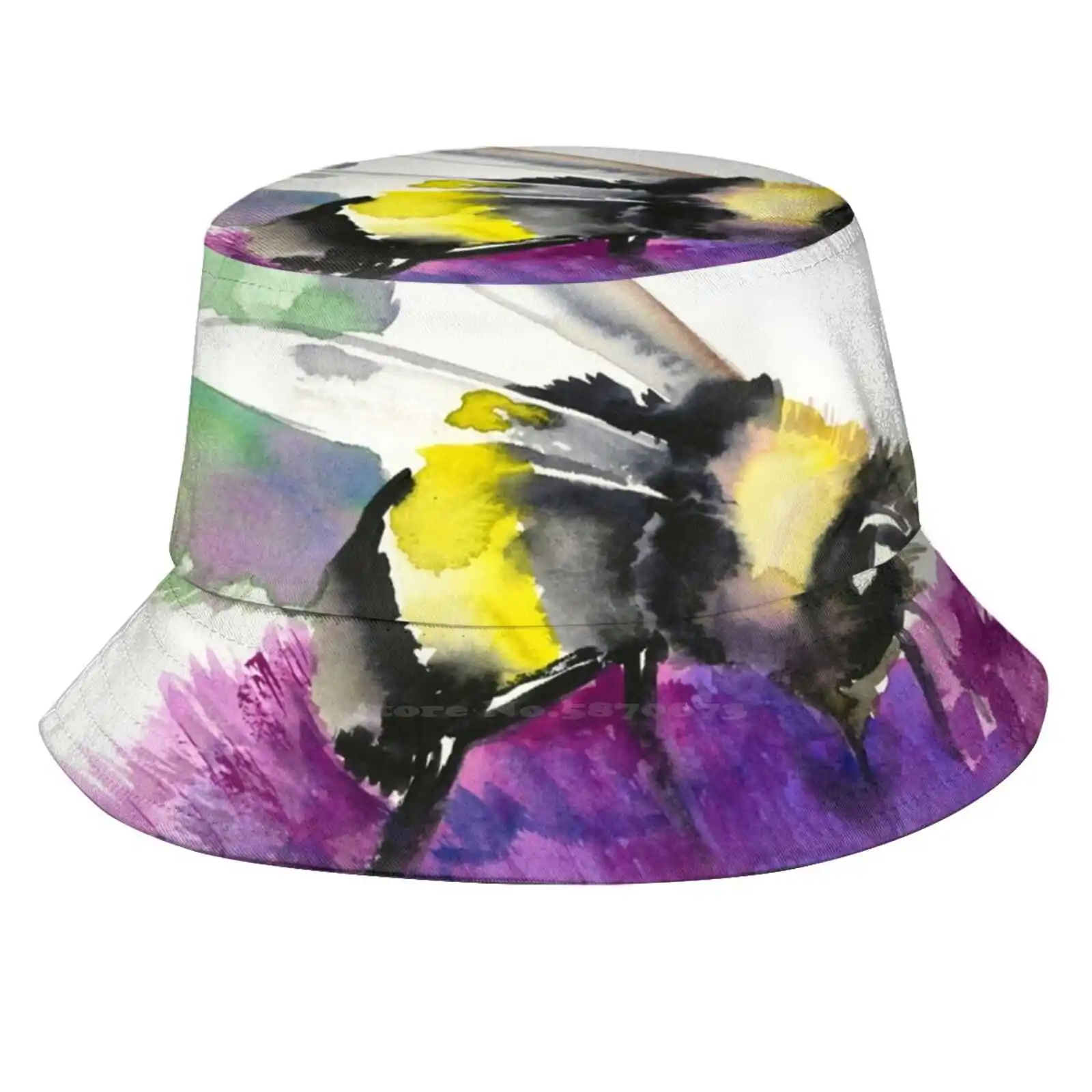 And Thistle Flower , Herbal Art , Bee , Honey Herbs Vegan Art Korean Ladies Outdoor Sun Hat Bucket Cap Helthy Food Vegan Art