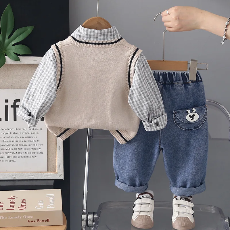 Toddler Boys Outfit 2026 Spring Autumn Children's Cute Cartoon Knitted Vest + Plaid Shirts + Pants Three Piece Set Kids Clothing
