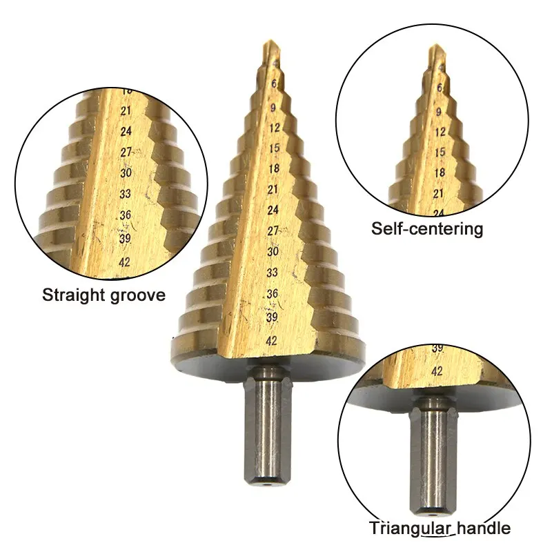 4-42mm Triangular Handle Straight Groove Titanium Plated Step Drill Electric Hand Drill Drill and Expand Pagoda Drill Tool