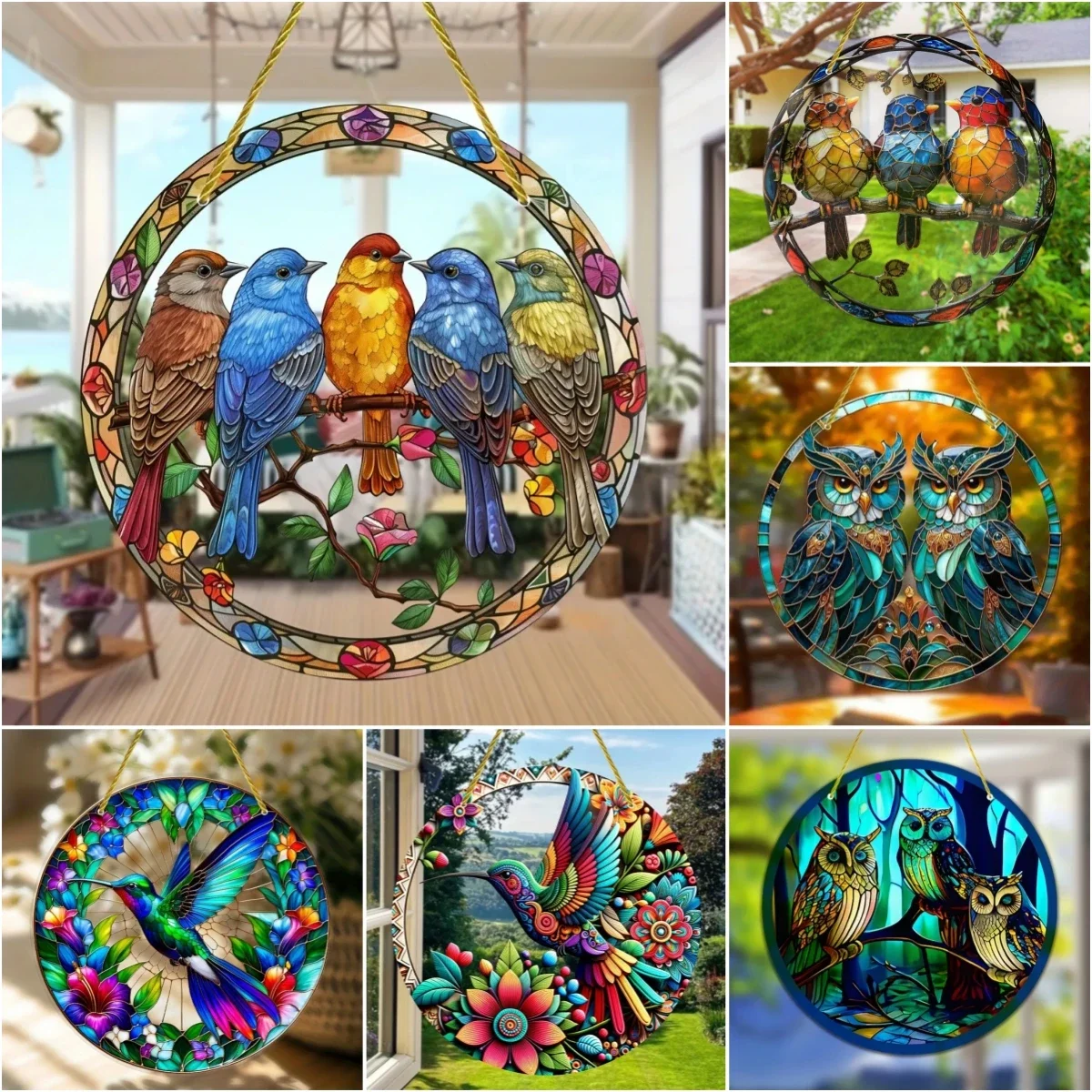 Vibrant Three Hummingbird & Owl Suncatcher-Translucent Acrylic Art-Dazzling Indoor/Outdoor Decor for Windows,Yard, Home, Kitchen