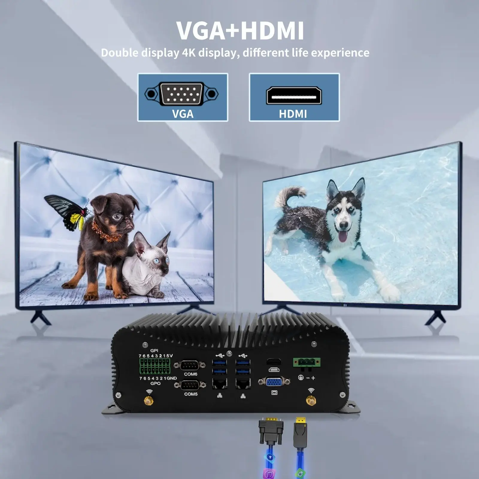 HYSTOU DDR5 Fanless Industrial Mini PC GPIO SIM Slot i5 1235U i7 1255U Wide Voltage Power i225 RS232 RS485 RS422 VGA HDMI