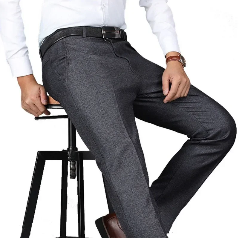 New Arrival Mens Casual Business Pants Men Mid Full Length Soft Trim Brand Trousers Regular Straight Black Grey Large Size 28-40